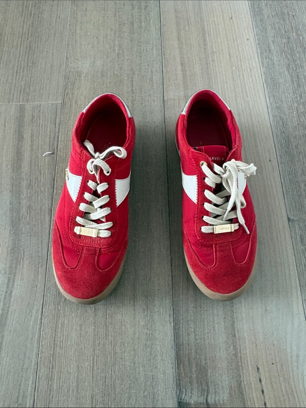 Red Suede Low-Top Sneakers with White Side Stripe